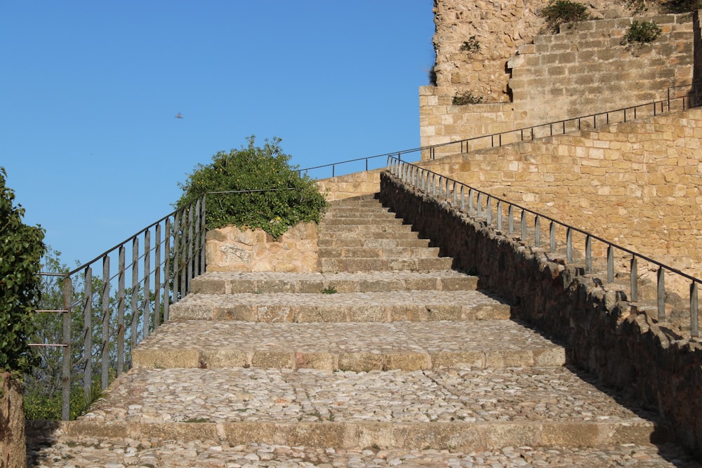 a set of stone stairs leading up to a castle