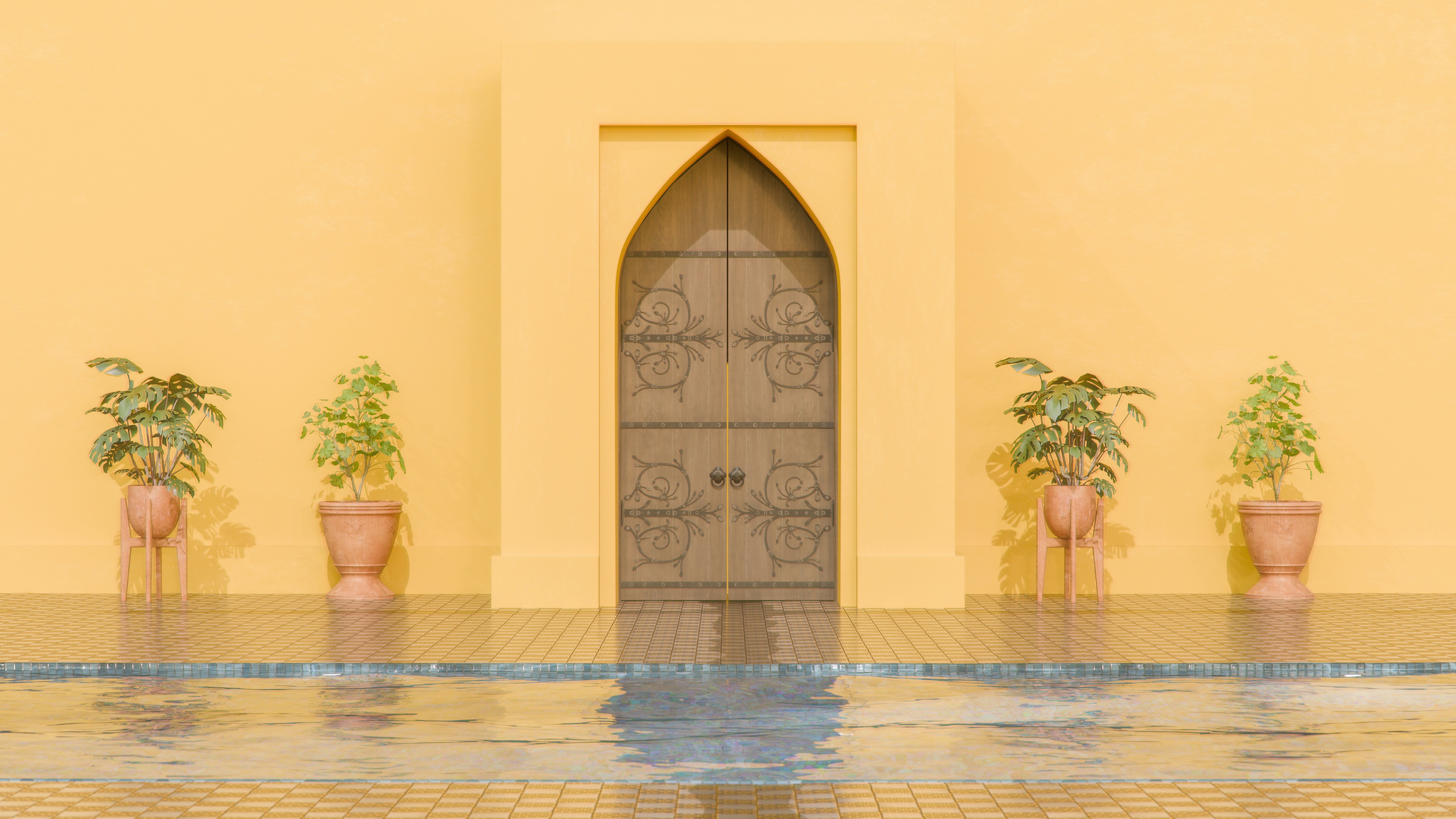 a door is open in front of a yellow wall with potted plants