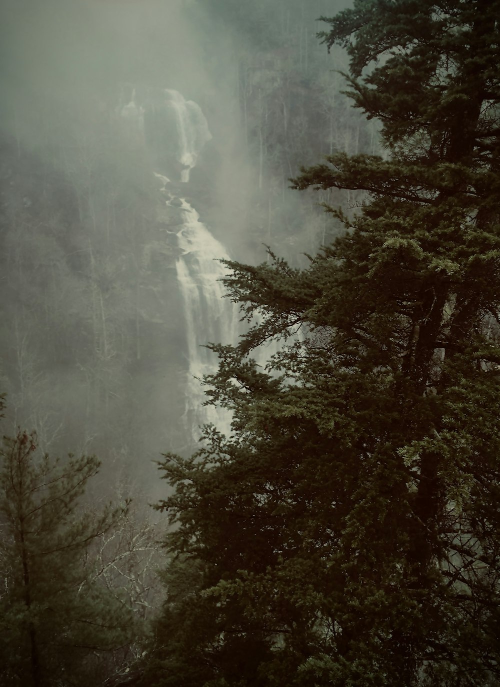 a tall waterfall surrounded by trees in a foggy forest