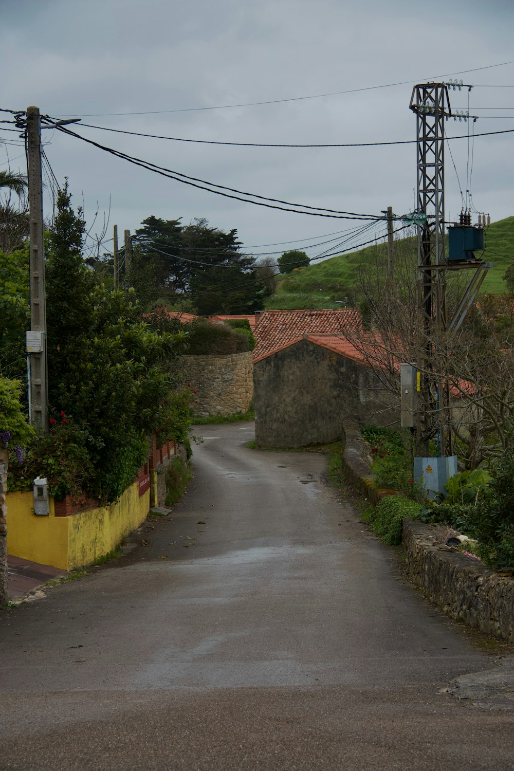 an empty road with power lines above it