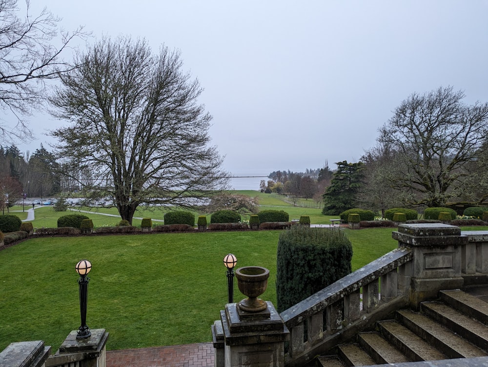 a view of a large grassy area with stairs