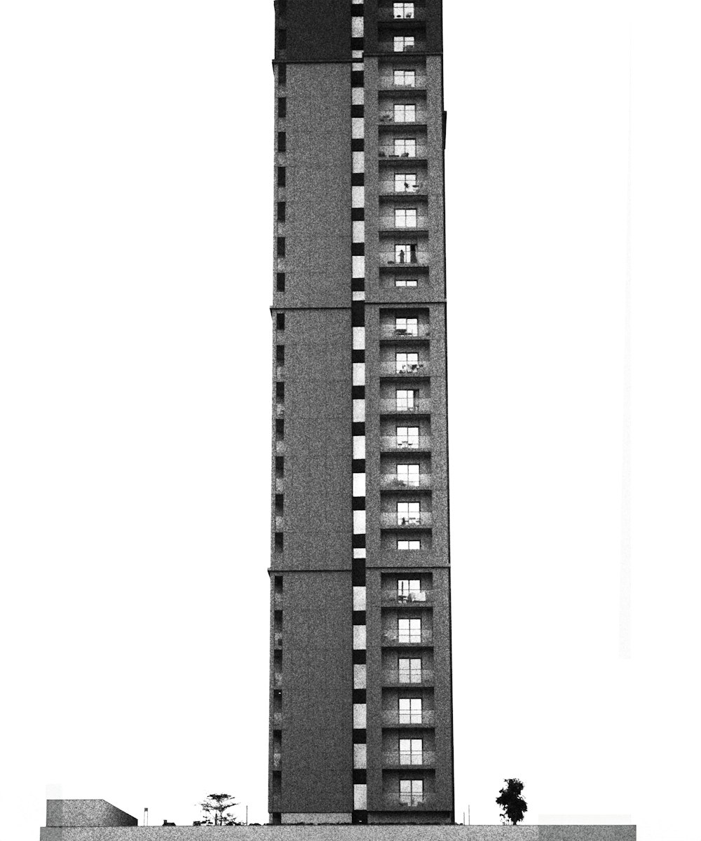 a black and white photo of a tall building