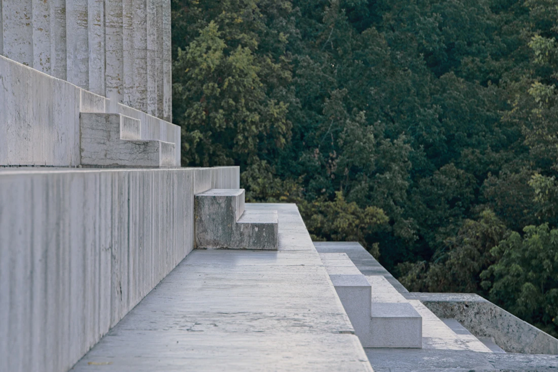 Concrete terraces stepping down into woodland