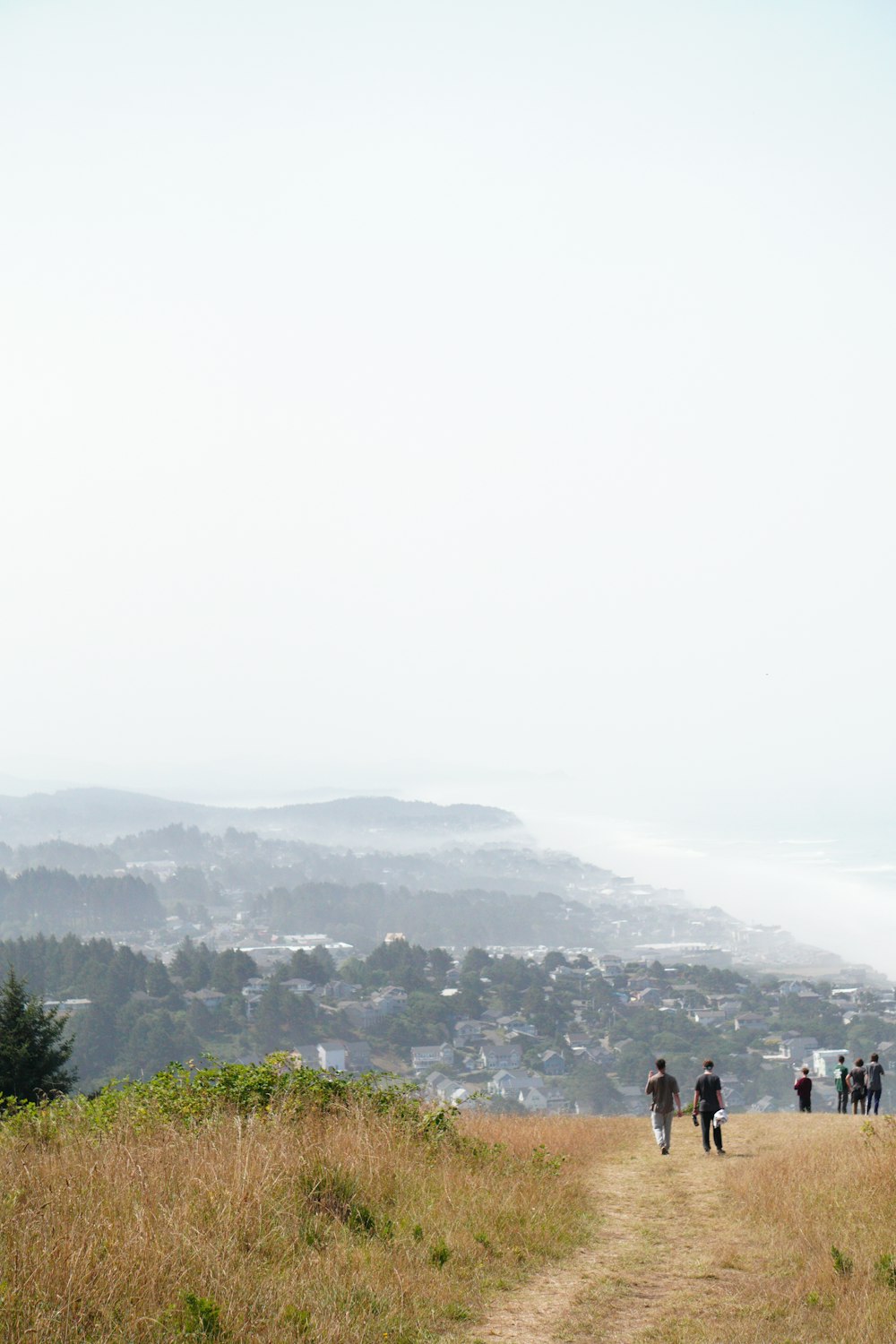 a group of people standing on top of a grass covered hillside