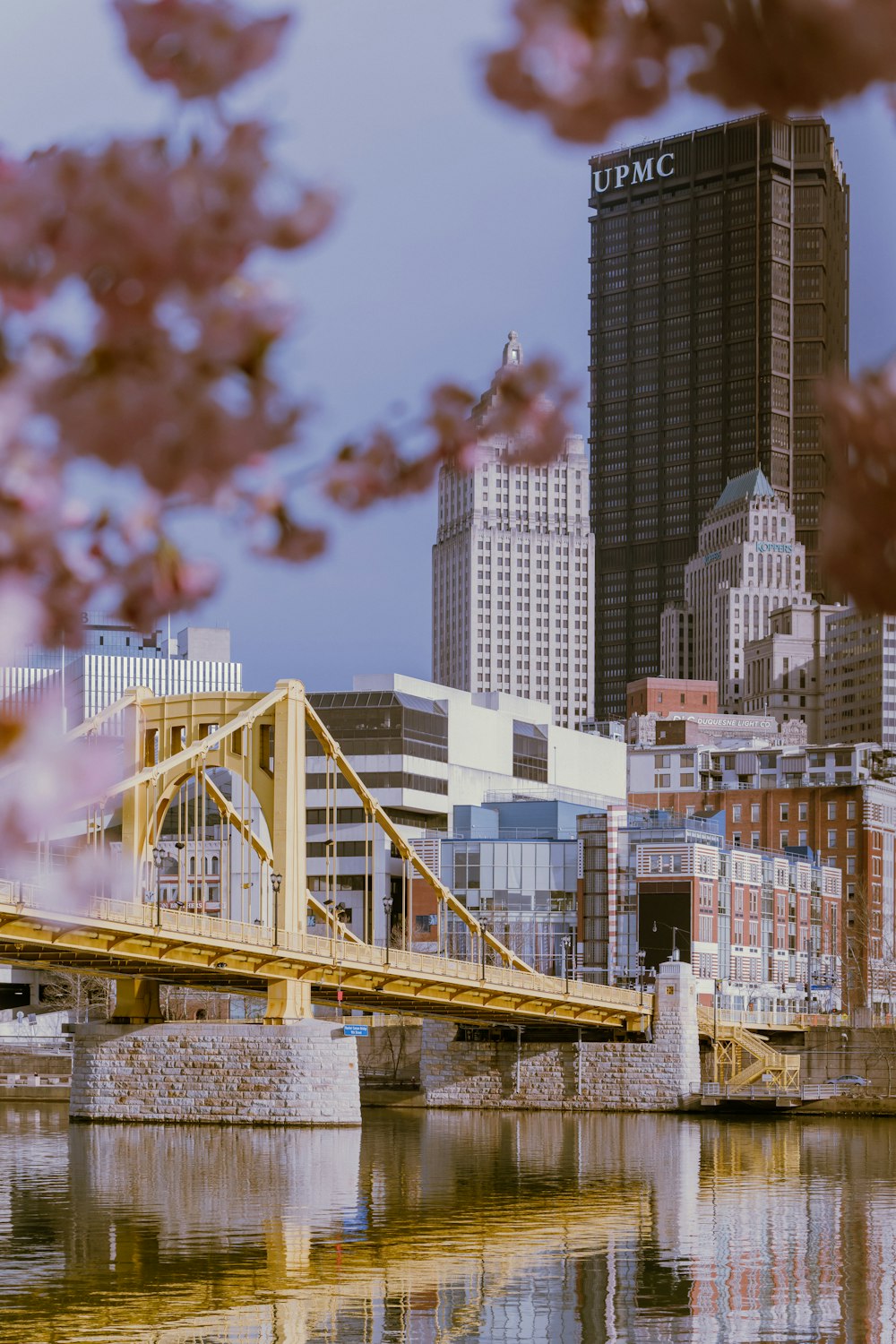 a bridge over a body of water with a city in the background