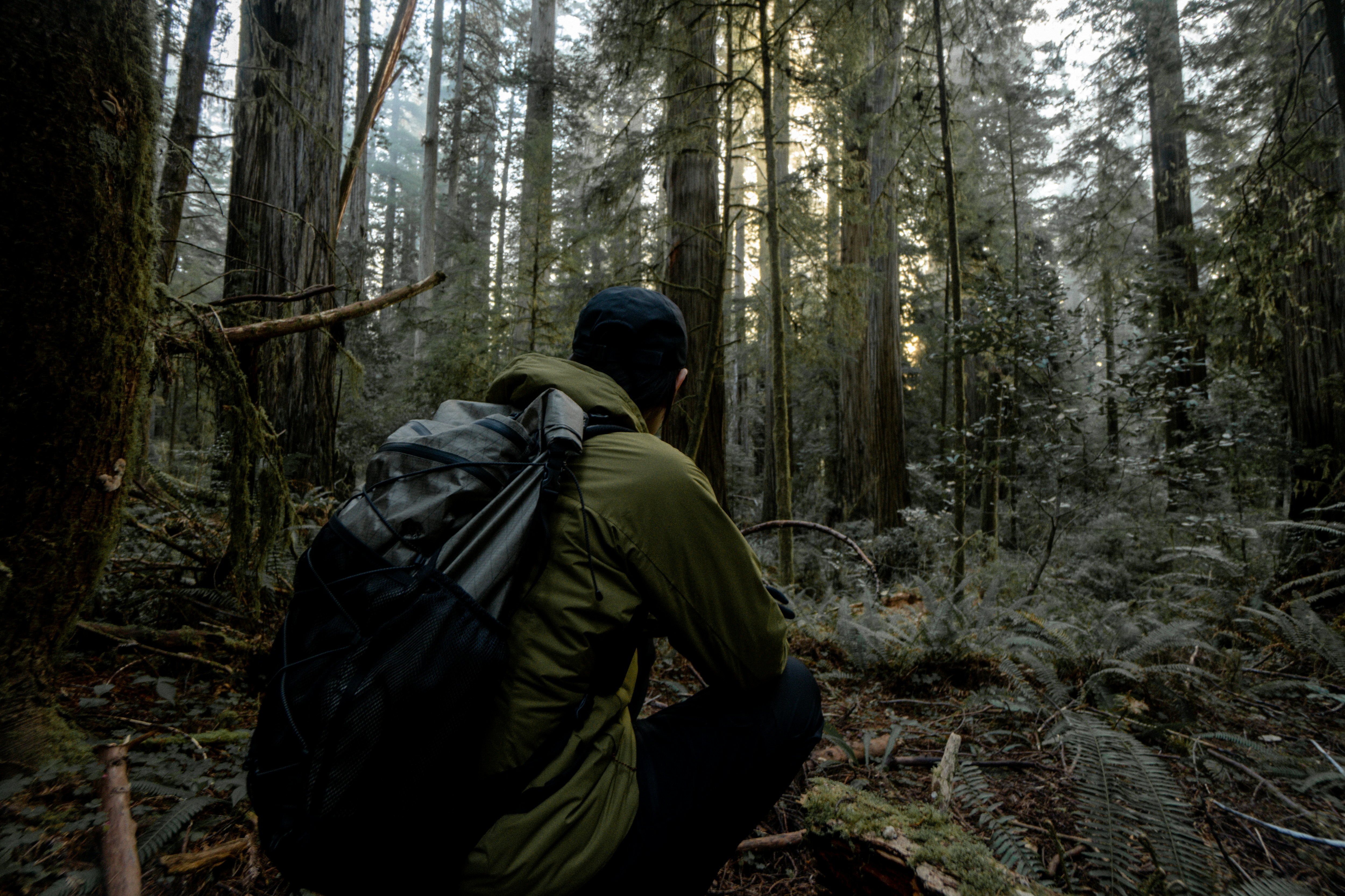 a man with a backpack walking through a forest