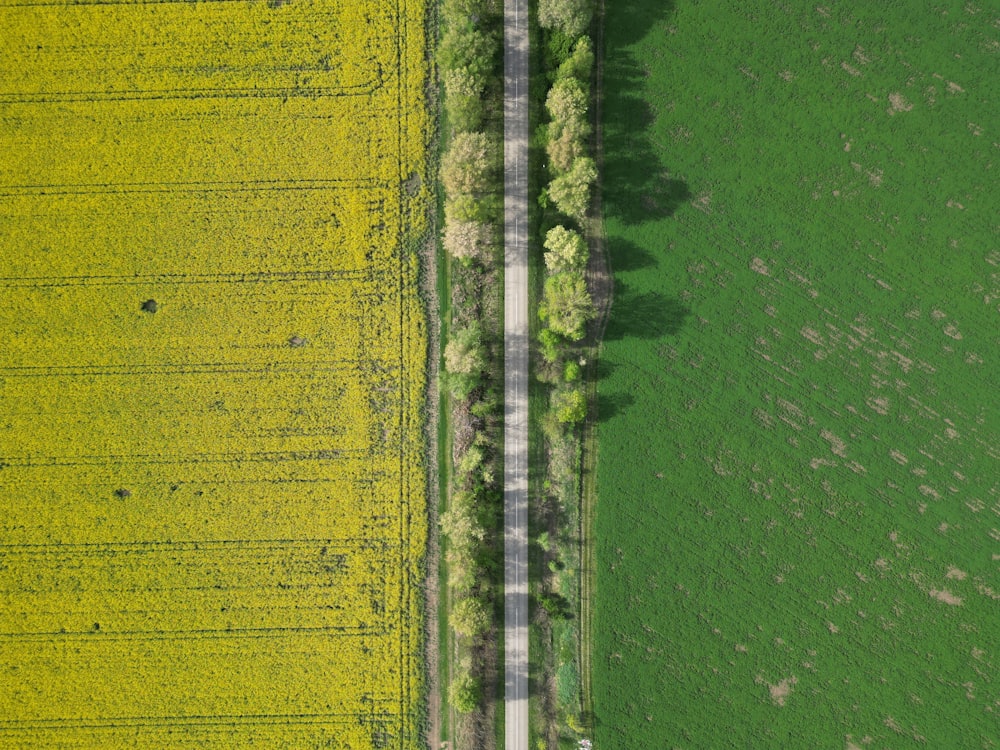an aerial view of a road in the middle of a field