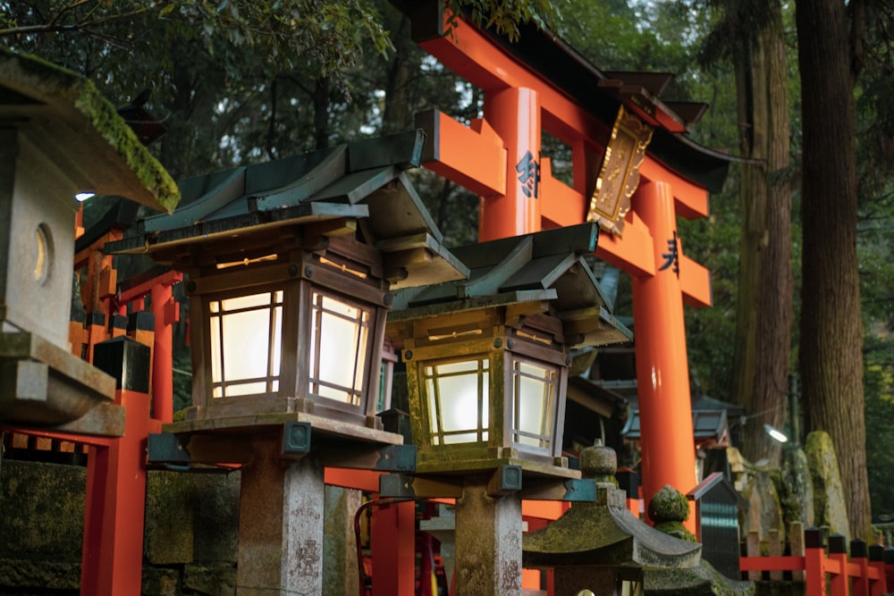 a group of lanterns sitting on top of a lush green forest