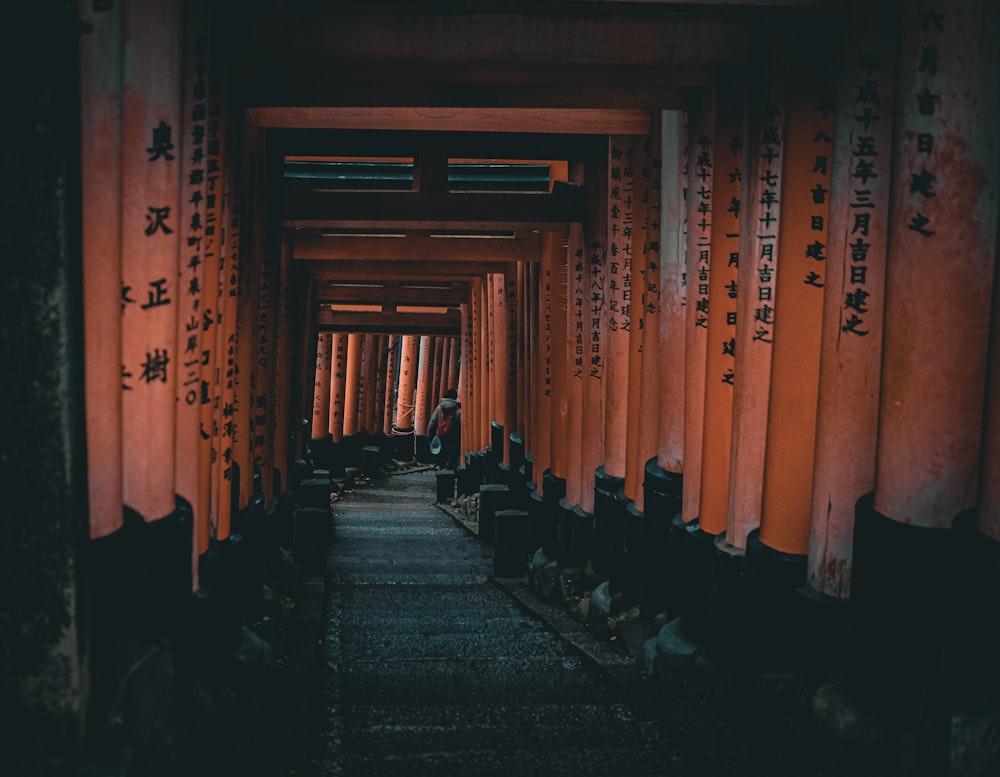 a person standing in a tunnel of red tori tori tori tori tori tori tori tori