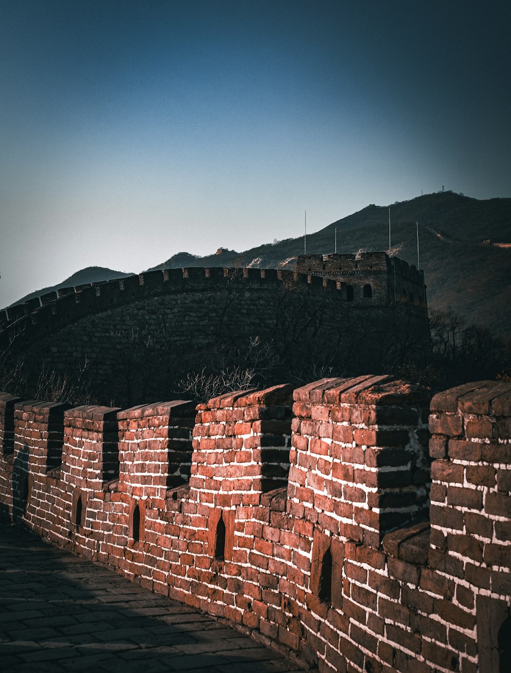 una pared de ladrillo con una montaña al fondo