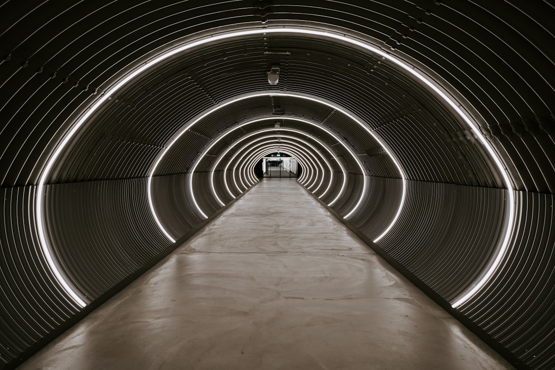 a very long tunnel with some lights in it