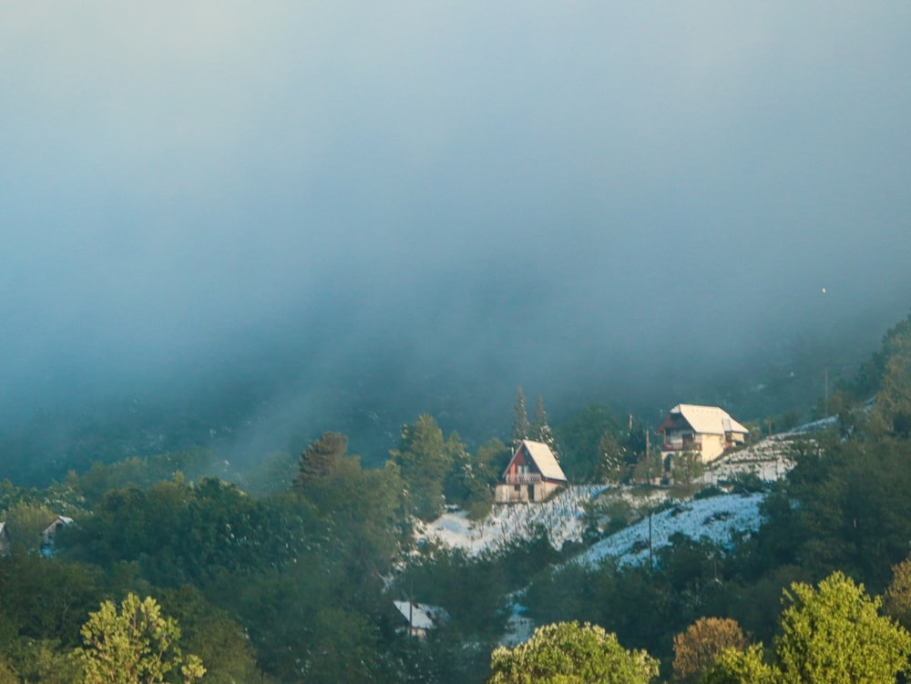 a small house on a snowy hill surrounded by trees