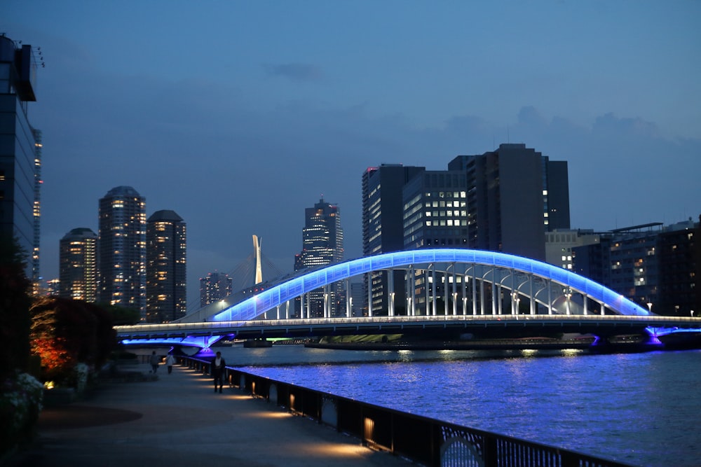 a bridge over a body of water with a city in the background