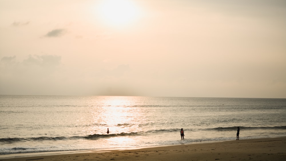 a couple of people standing on top of a sandy beach