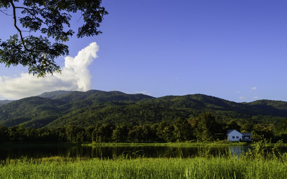 a house in the middle of a field with mountains in the background