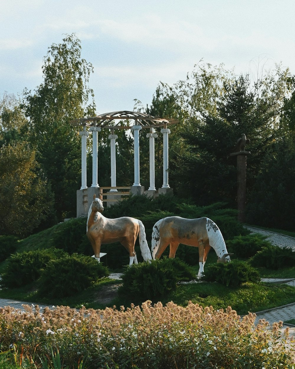 a couple of horses standing in a lush green field