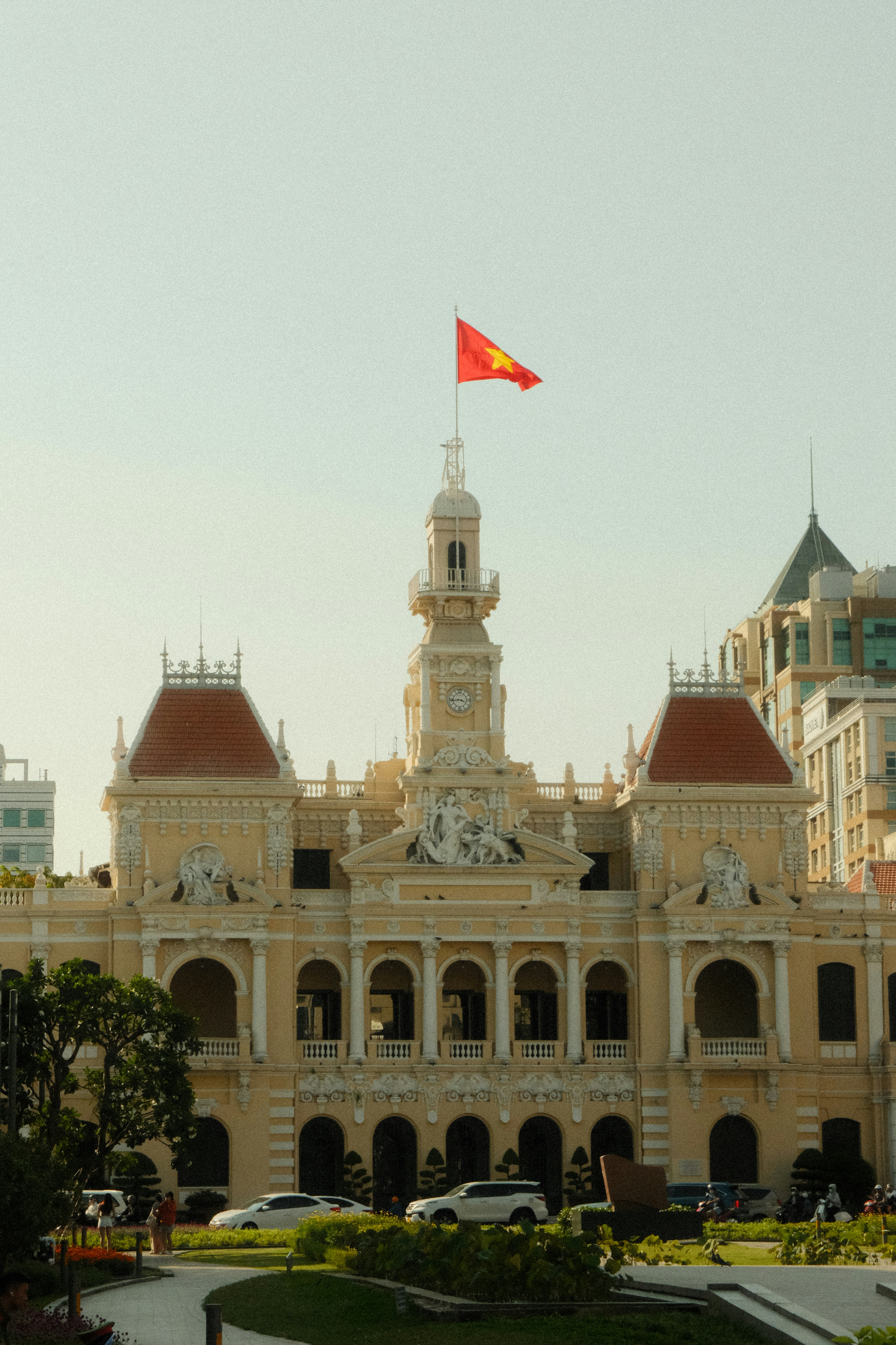 a large building with a flag on top of it
