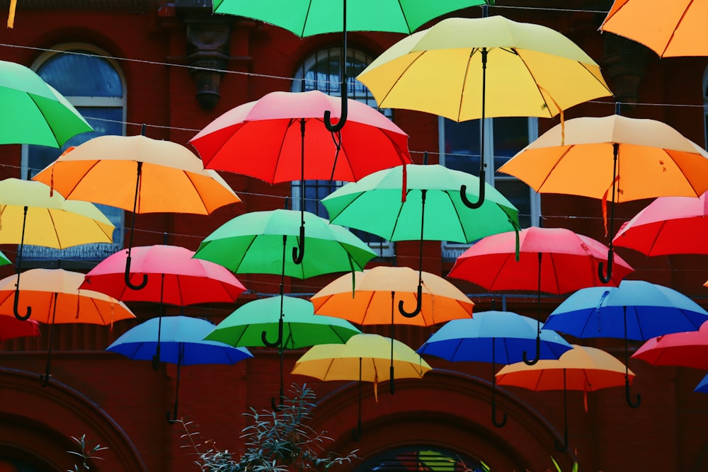 a group of multicolored umbrellas hanging from wires