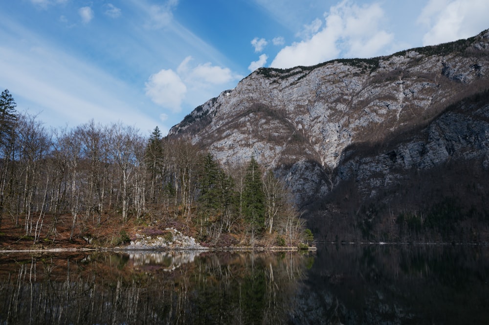 a mountain with a body of water in front of it