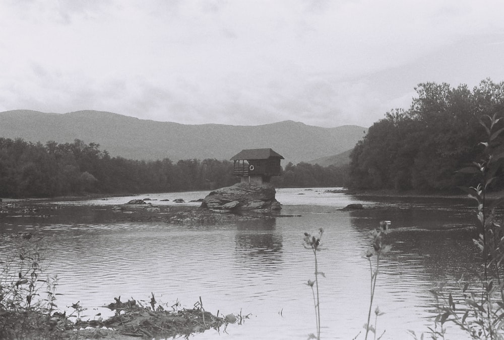 a black and white photo of a house on a rock in the middle of a