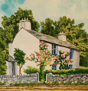 a painting of a white house with blue windows