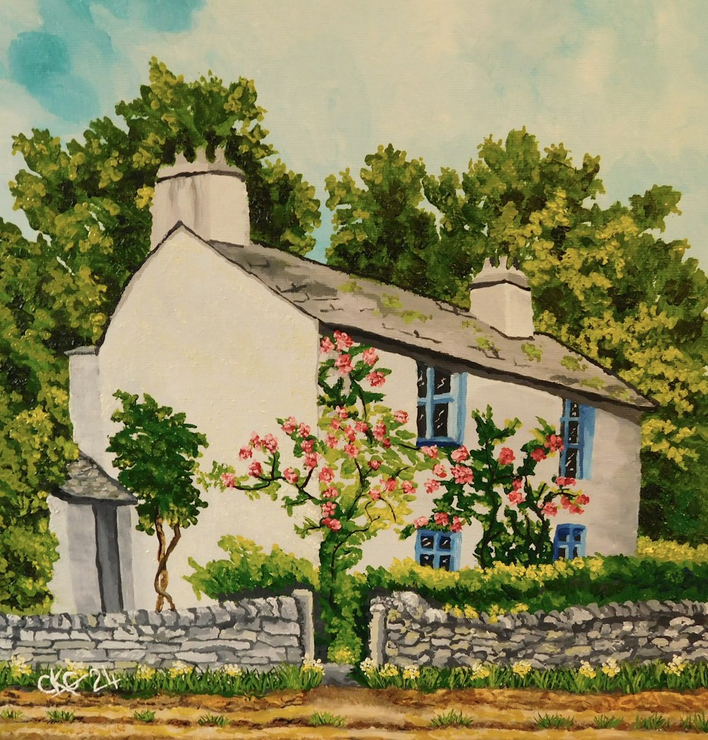 uma pintura de uma casa branca com janelas azuis