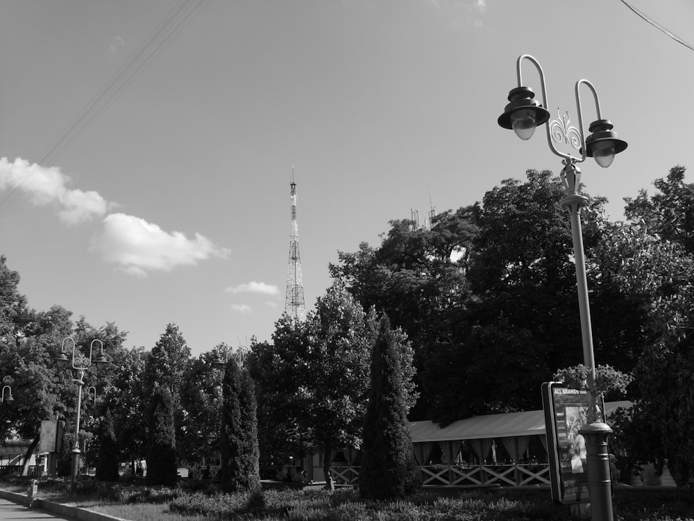 a black and white photo of a street light