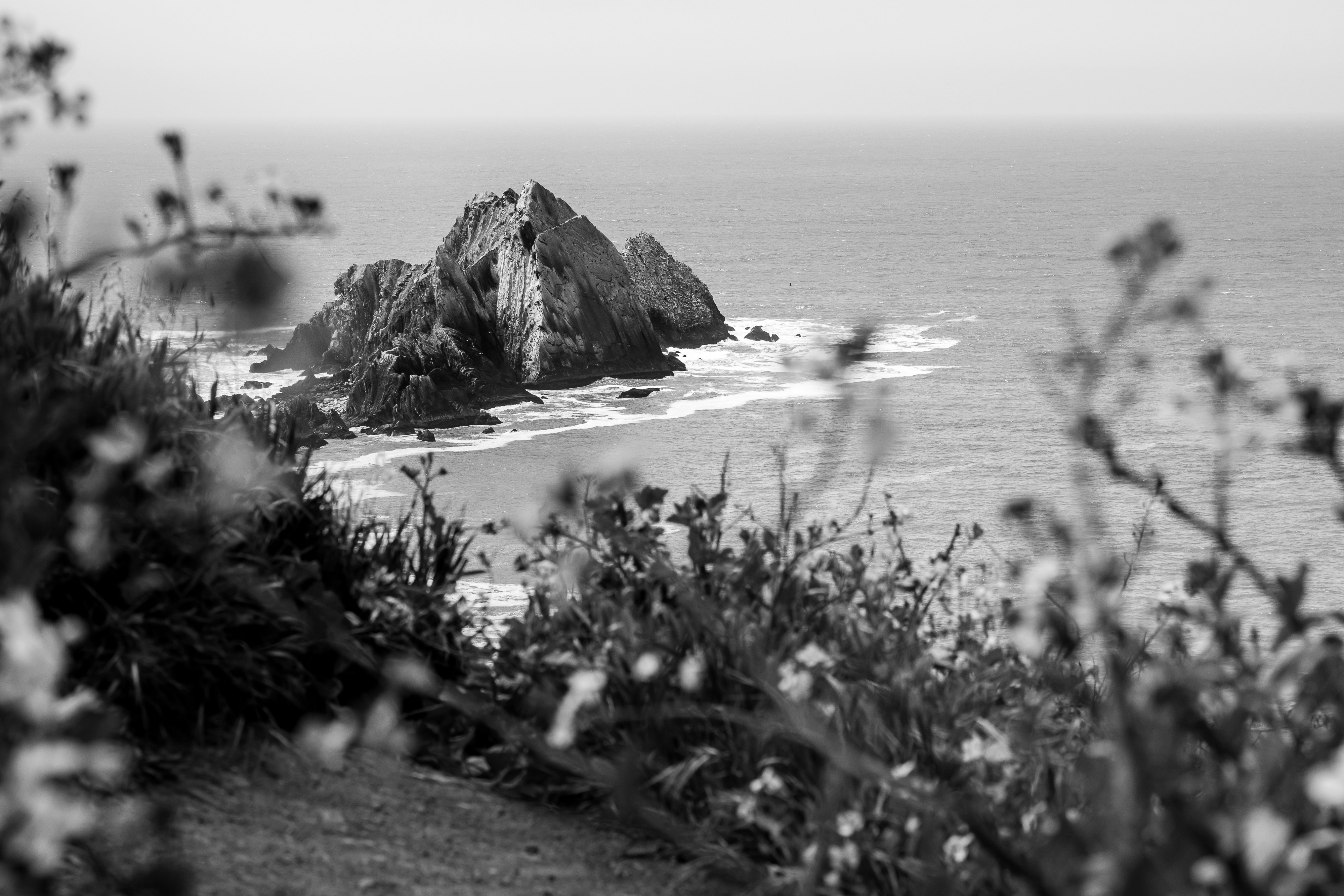 a black and white photo of a rock outcropping in the ocean