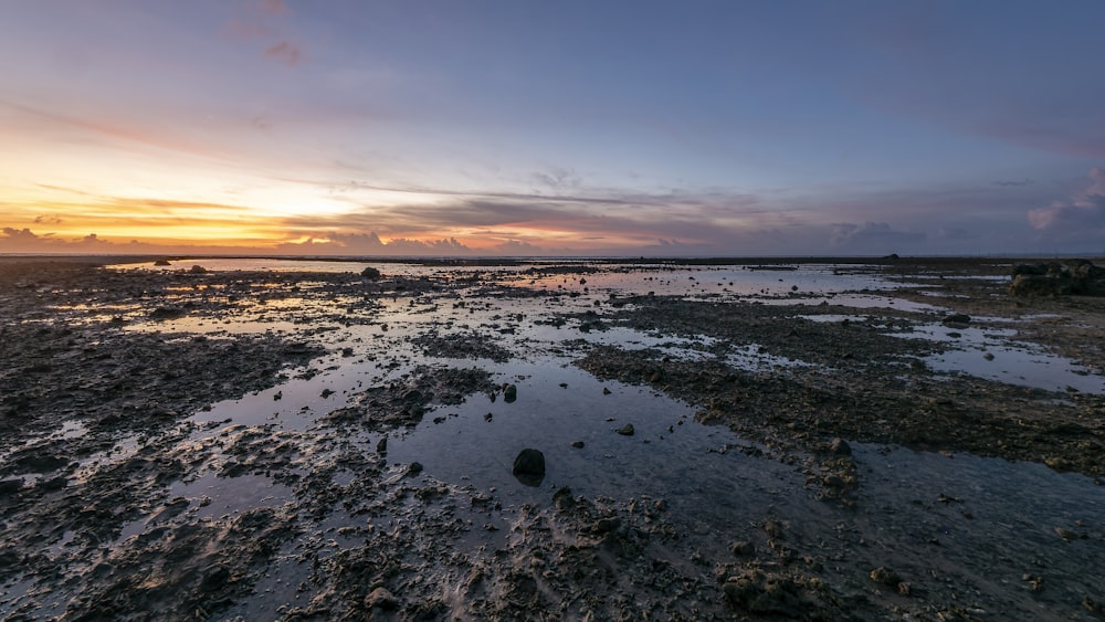 the sun is setting over a body of water