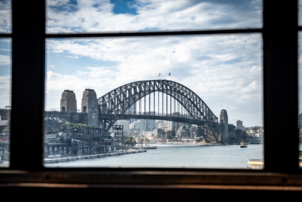 a view of a bridge from a window