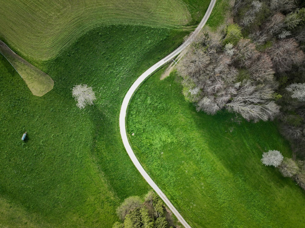 an aerial view of a winding road in a green field