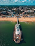 an aerial view of a large ship in the water