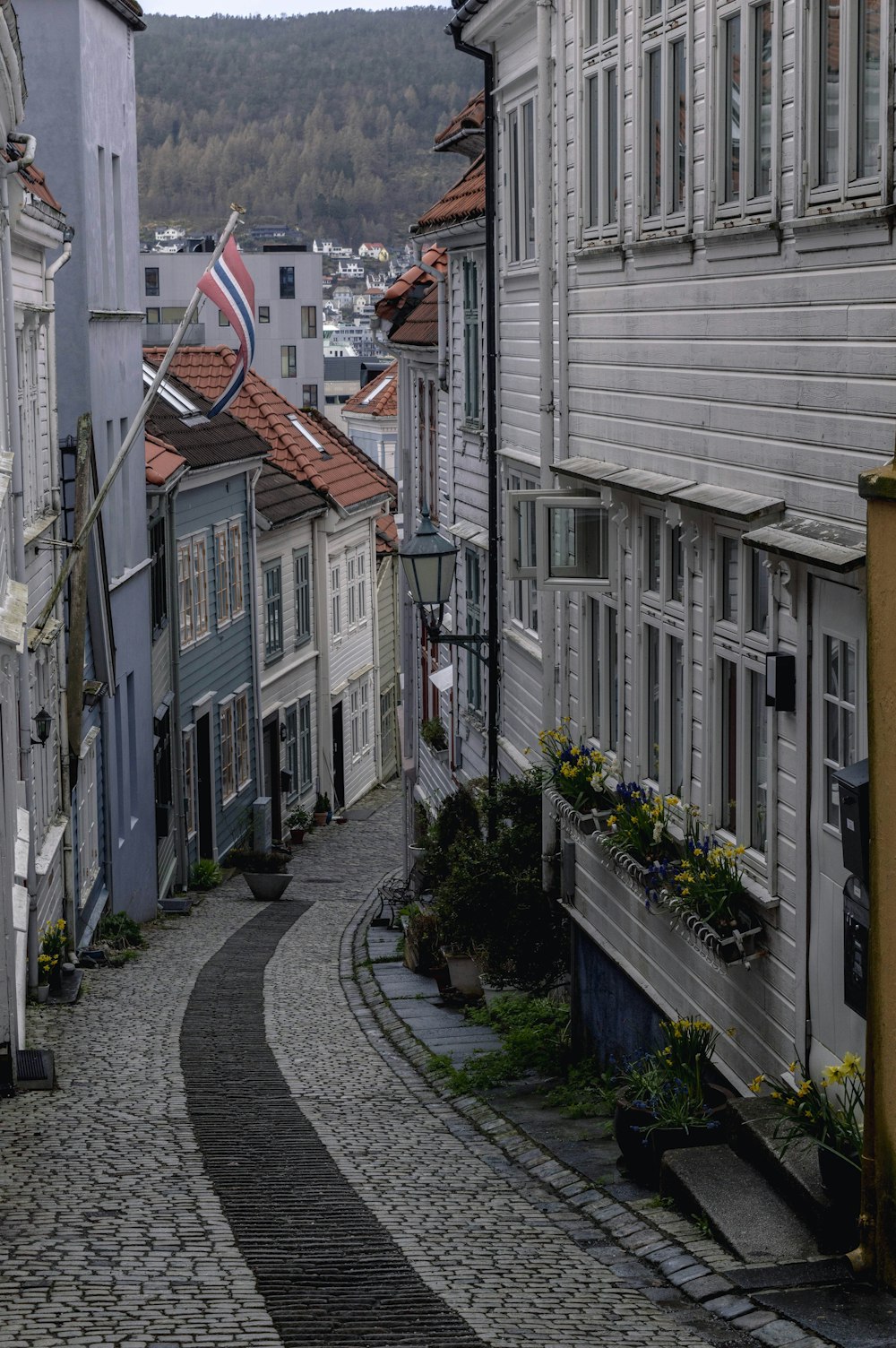 a narrow cobblestone street in a european city