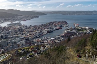 a large body of water surrounded by a city Fjords Bergen Norway