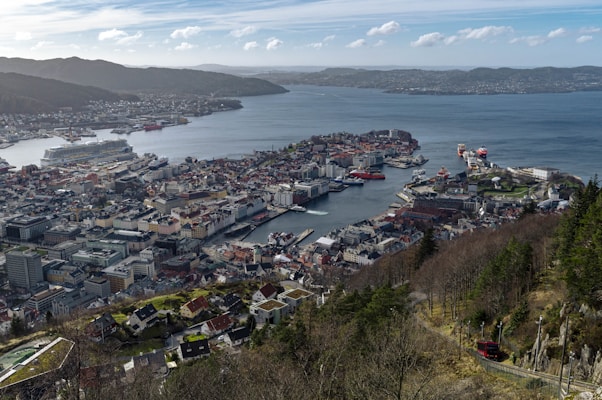 a large body of water surrounded by a city Fjords Bergen Norway