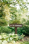 a sign pointing to the right in a garden