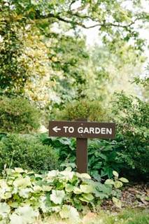 a sign pointing to the right in a garden