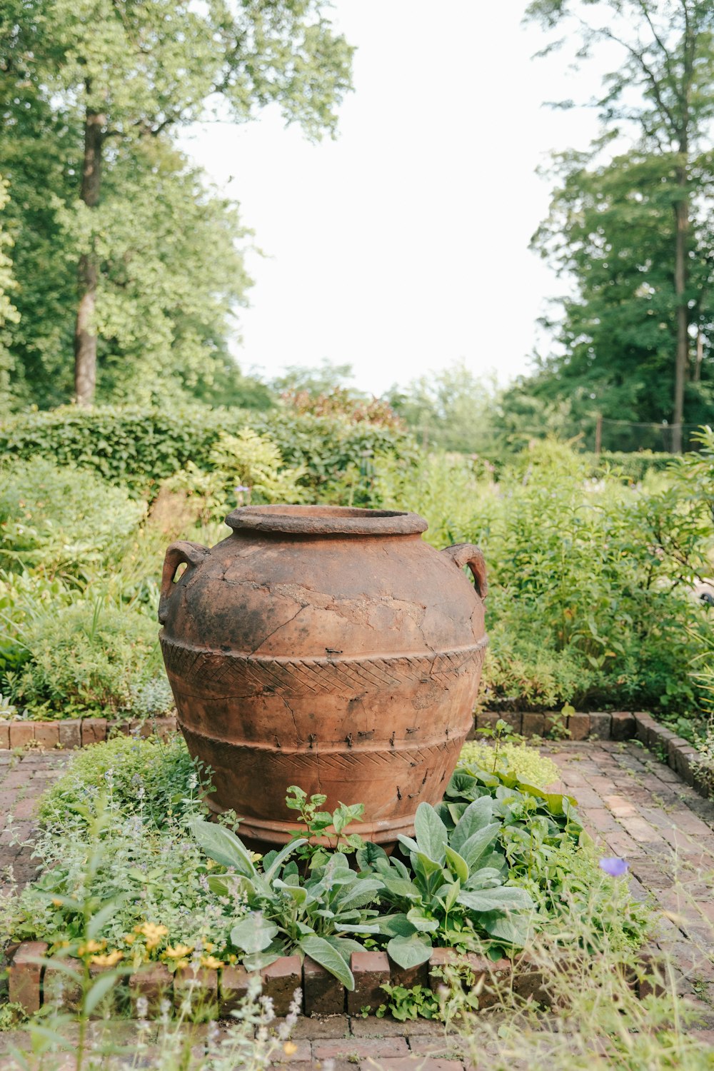 a large vase sitting in the middle of a garden