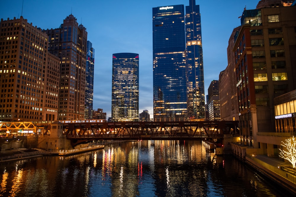 a river running through a city at night