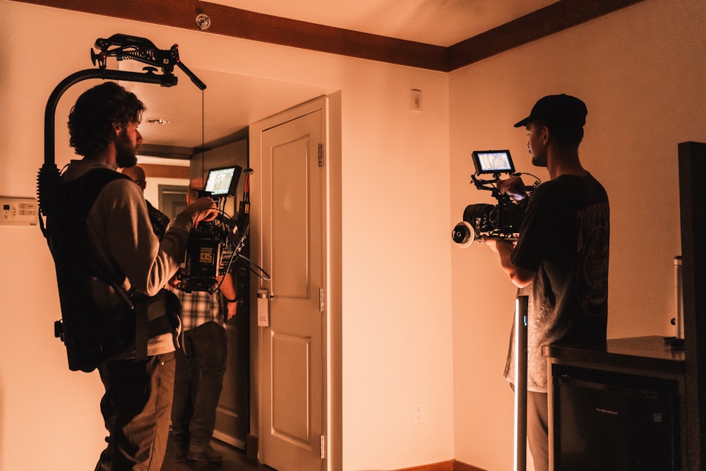 a group of people standing in a room