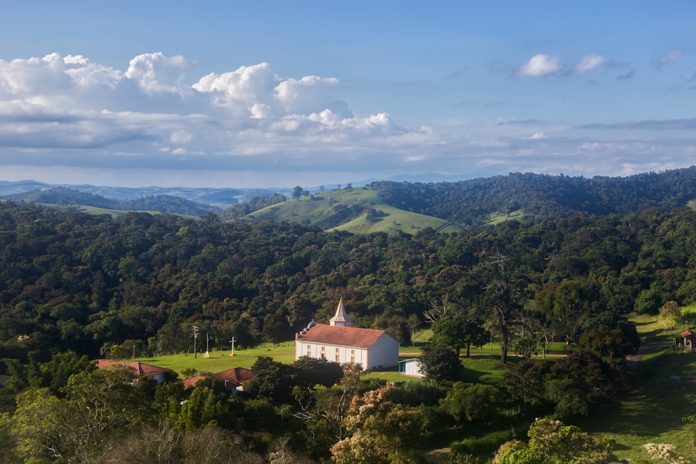 a church in the middle of a lush green valley