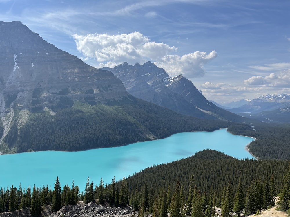 a blue lake surrounded by mountains and trees