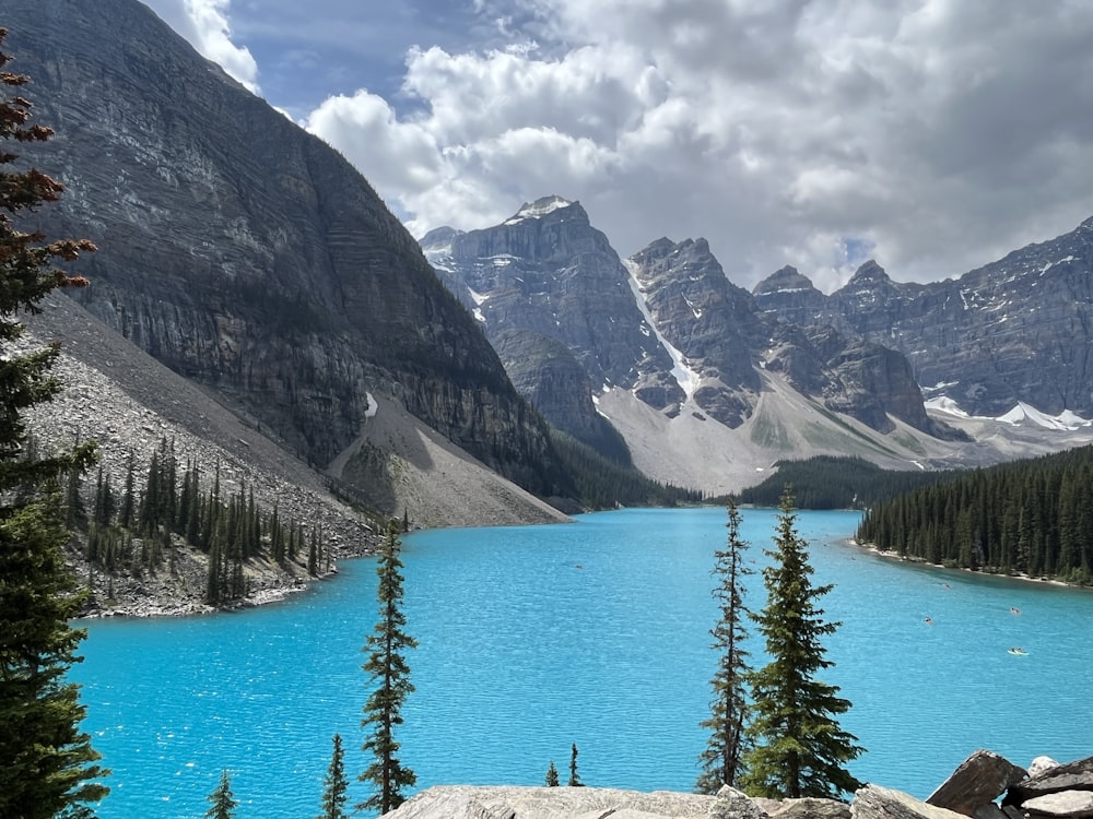 a blue lake surrounded by mountains and trees