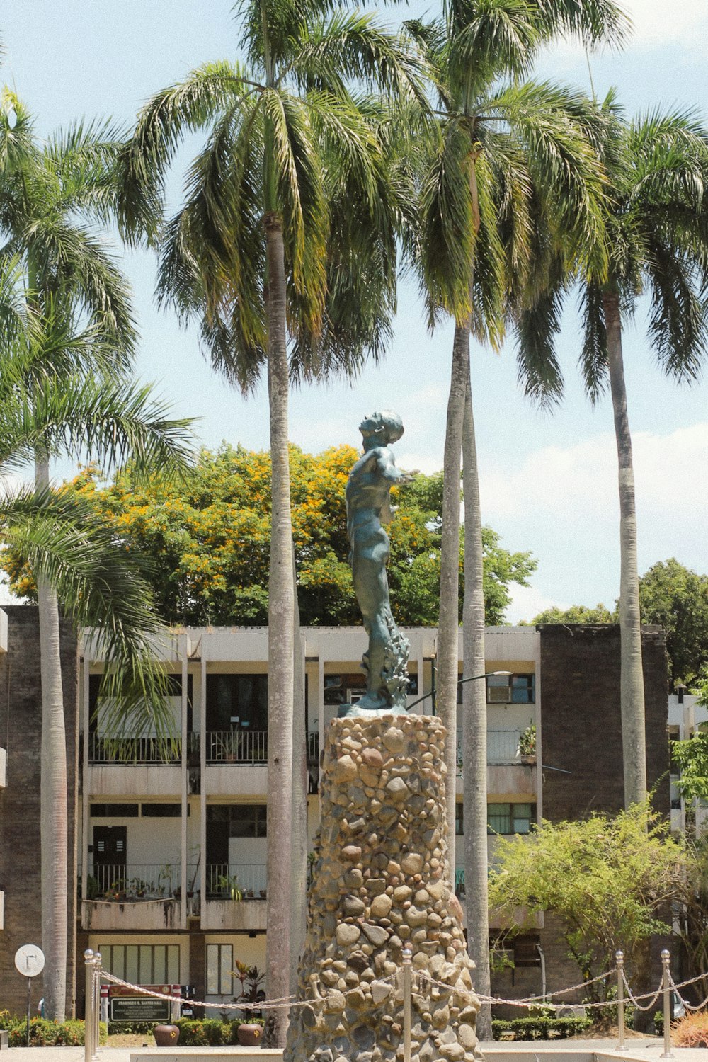 a statue of a man on a rock in front of palm trees