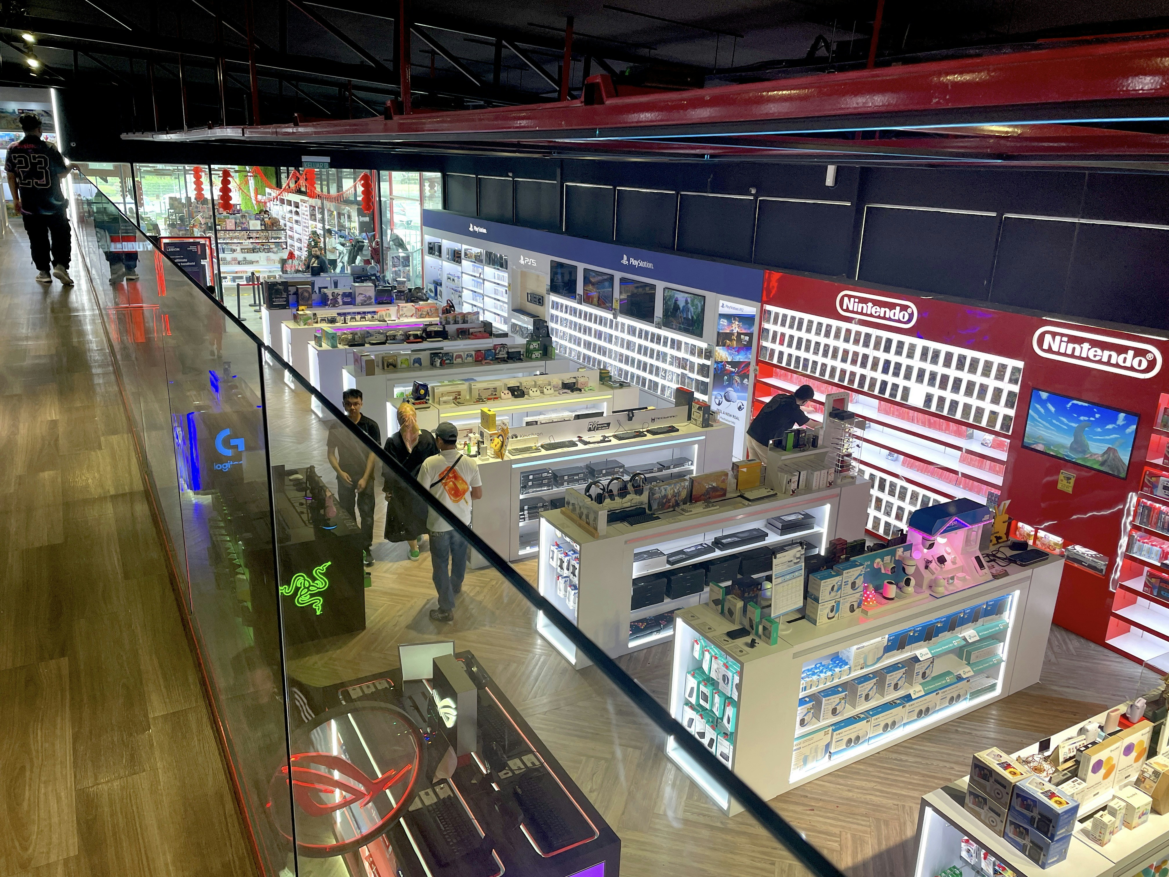Colorful vibrant shopping display with neon lighting and bright product showcases in gaming context