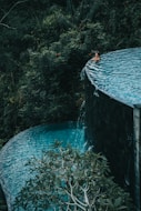 a man swimming in a pool surrounded by greenery