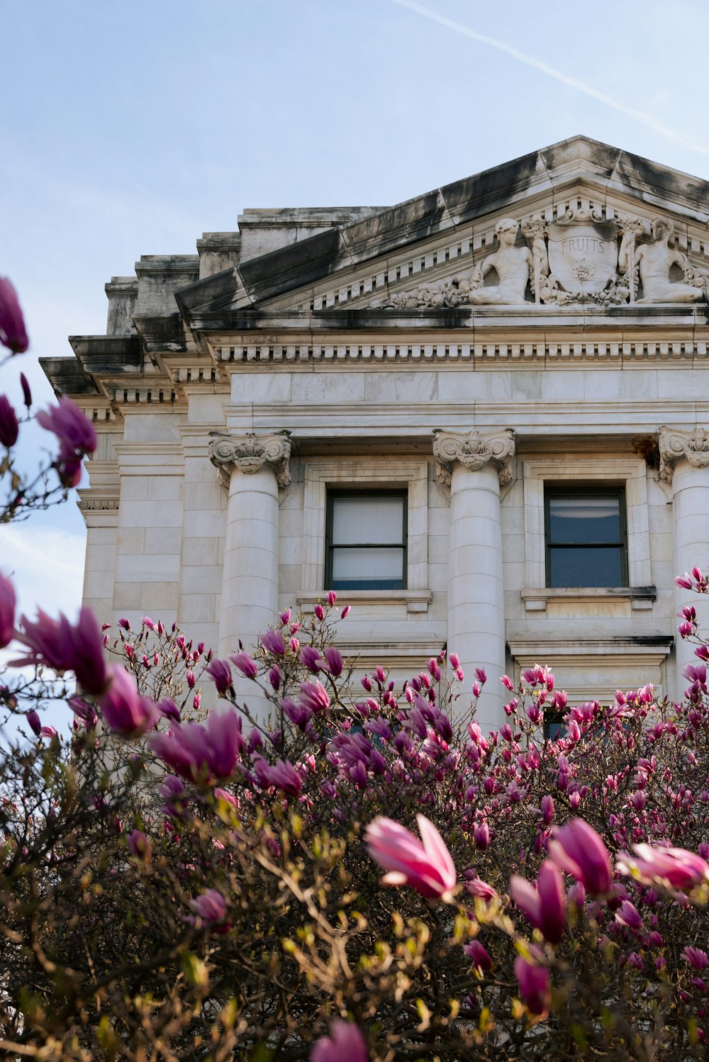 a building with a bunch of flowers in front of it