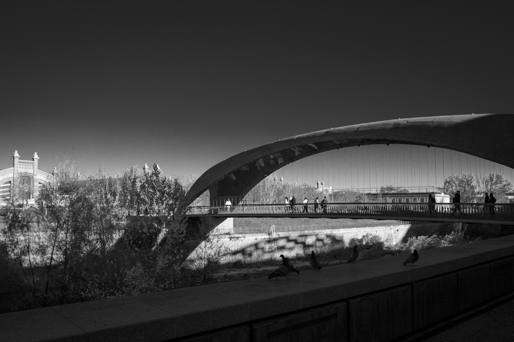 a black and white photo of a bridge over a river