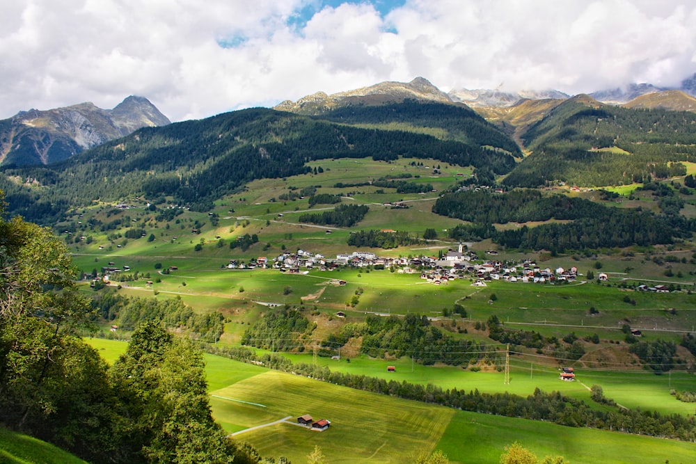 a scenic view of a green valley with mountains in the background