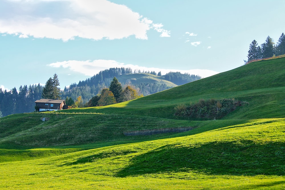 a grassy hill with a house on top of it